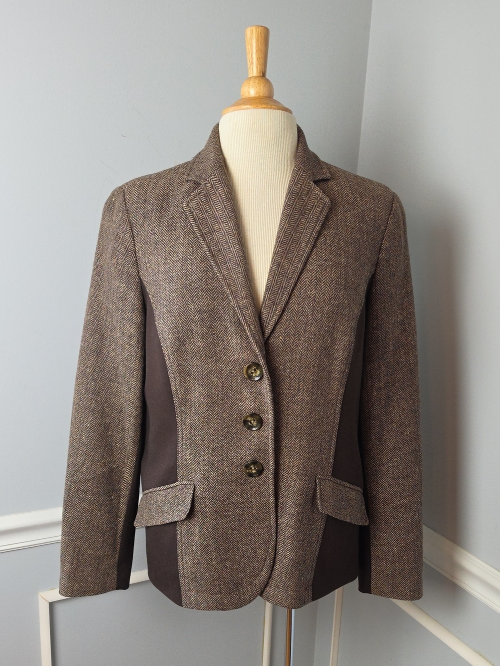 COLDWATER‎ CREEK Brown Wool Blend Herringbone 3 Button Career Casual Blazer 10